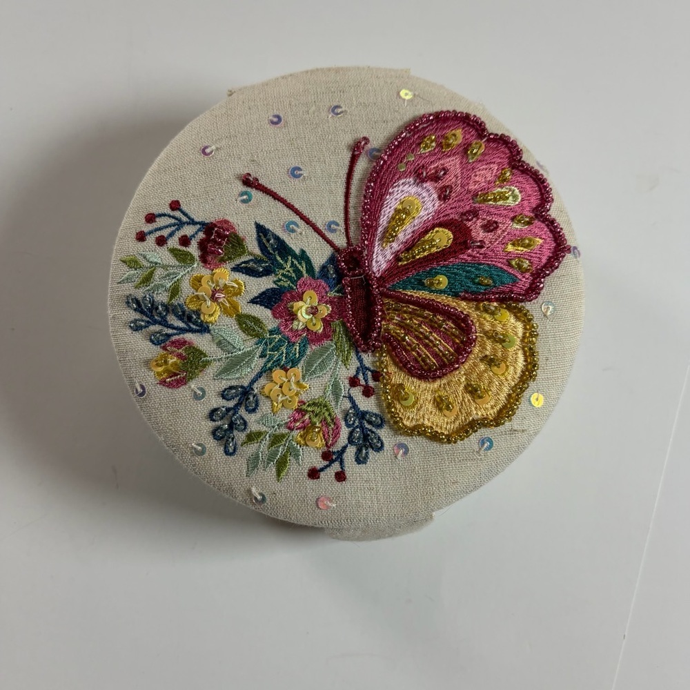 Hand Embroidered Butterfly Jewelry Box Beaded Trinket Case
